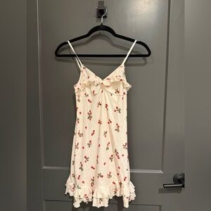 Women's Cream Cherry Print Ruffle Slip Dress